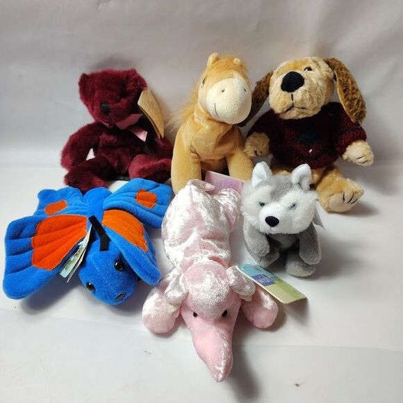 Lot 6 Small Bean Bag & Plush Toys Dog Horse Wolf Butterfly Bear Elephant New - Picture 1 of 11